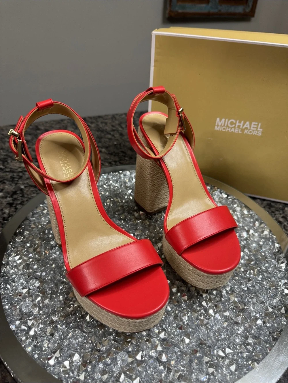 Michael Kors leather coral Red Platform Espadrille Heels with Gold Buckle logo